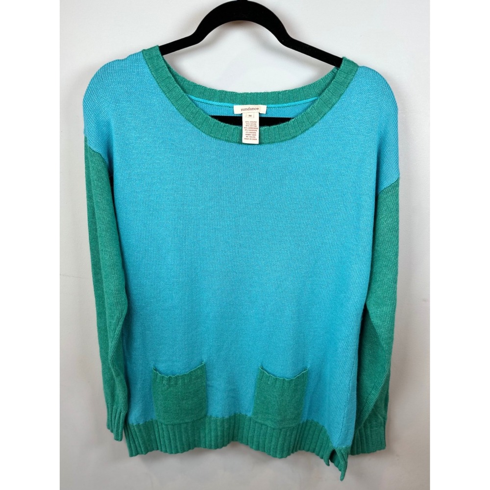 Sundance Colorblock Knit Sweater Teal‎ Green Two Pocket Crew Neck Size M